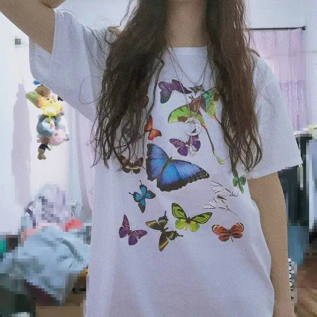 Cotton Color Butterfly T-Shirt for Casual Wear Blue / XS