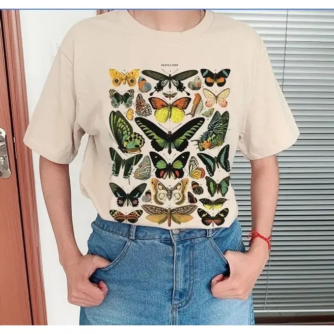 Cotton Color Butterfly T-Shirt for Casual Wear Cream / XS