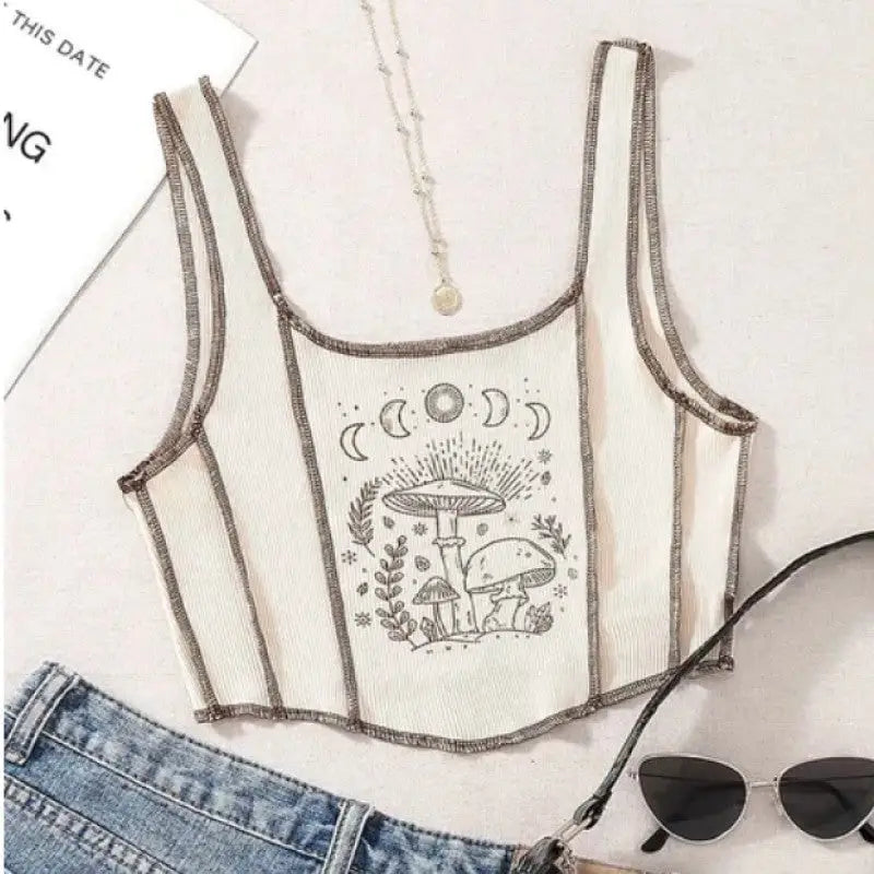 Cotton Crop Top Moon Phase Mushroom Design Beige / S