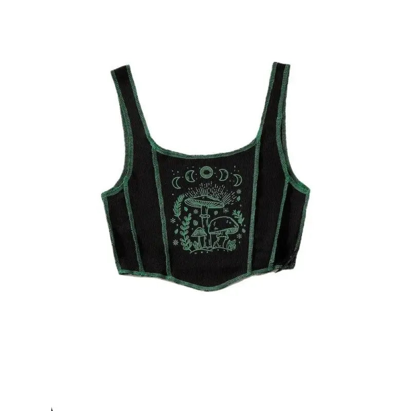 Cotton Crop Top Moon Phase Mushroom Design Green / S