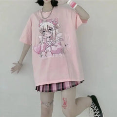 Cotton Cute Girl Oversize T Shirt Short Sleeve O Neck Pink
