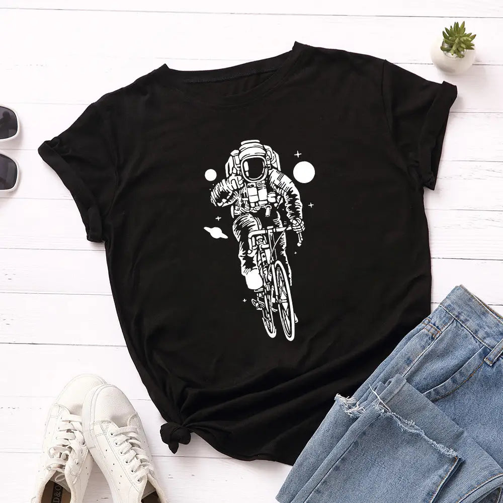 Cotton Cycling Astronaut T-Shirt Galaxy Graphic Black / S