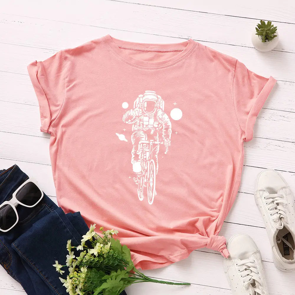 Cotton Cycling Astronaut T-Shirt Galaxy Graphic Deep pink