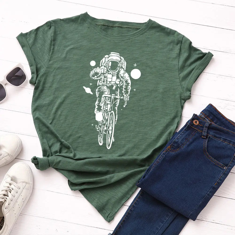 Cotton Cycling Astronaut T-Shirt Galaxy Graphic Green / S
