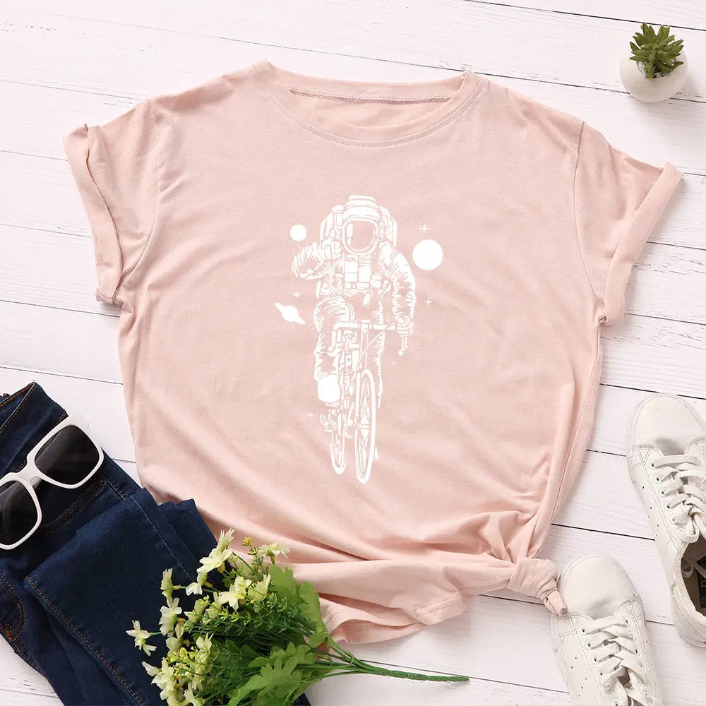Cotton Cycling Astronaut T-Shirt Galaxy Graphic Light pink