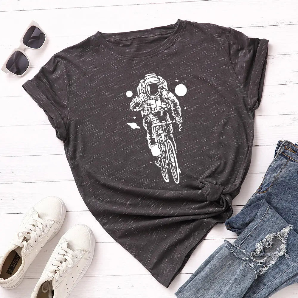 Cotton Cycling Astronaut T-Shirt Galaxy Graphic Meteor Grey