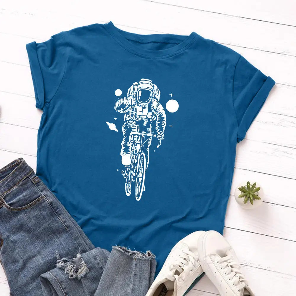 Cotton Cycling Astronaut T-Shirt Galaxy Graphic Royal blue