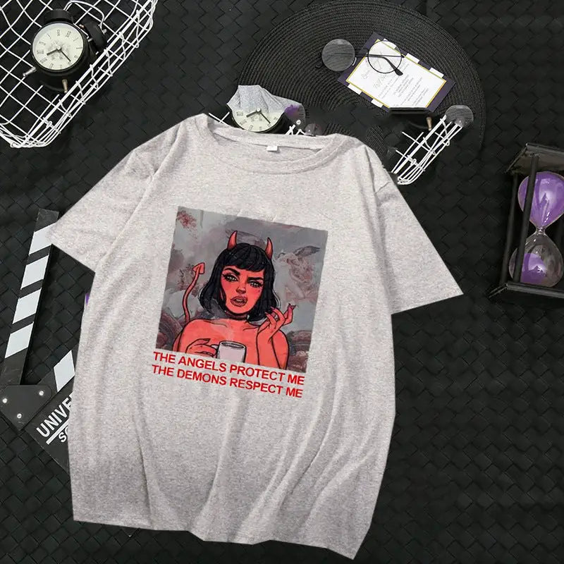 Cotton Devil Girl Angel T Shirt Light Grey / S
