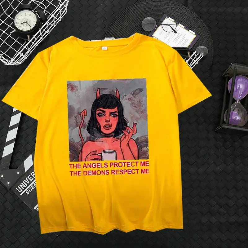 Cotton Devil Girl Angel T Shirt Yellow / S