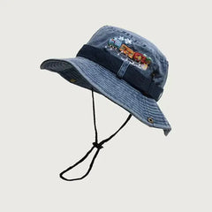 Cotton Embroidered Train Bucket Hats Blue / 56-58cm