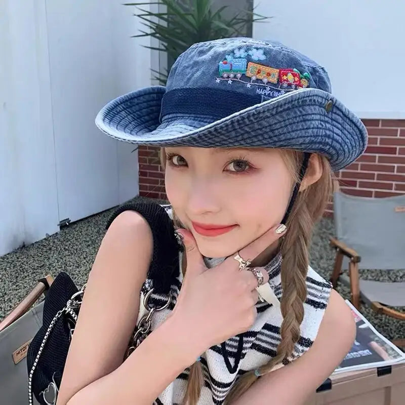 Cotton Embroidered Train Bucket Hats