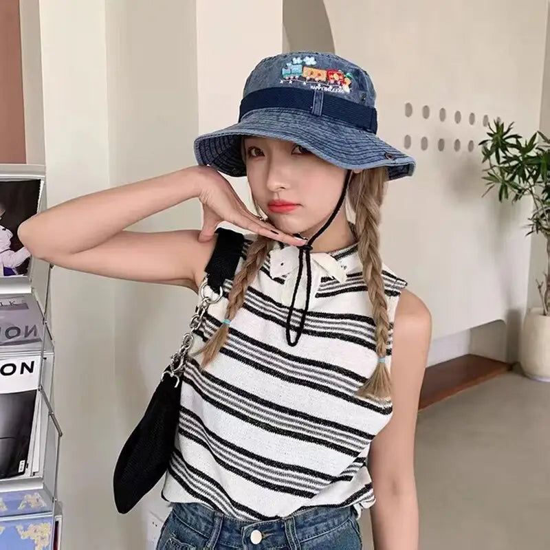 Cotton Embroidered Train Bucket Hats