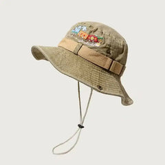 Cotton Embroidered Train Bucket Hats Khaki / 56-58cm