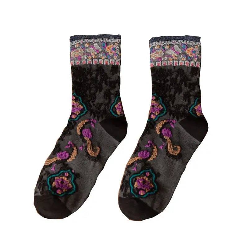 Cotton Embroidery Ethnic Flowers Socks 1 / Black / One Size