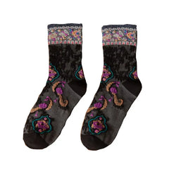 Cotton Embroidery Ethnic Flowers Socks 1 / Black / One Size