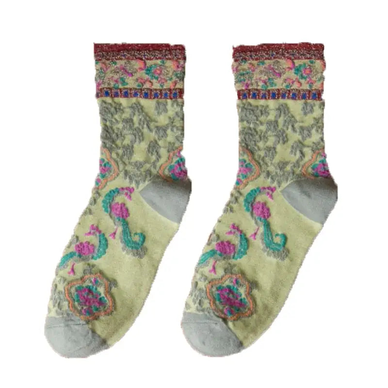 Cotton Embroidery Ethnic Flowers Socks 1 / Green / One Size