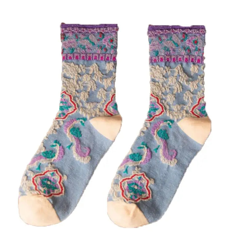 Cotton Embroidery Ethnic Flowers Socks 1 / Lilac / One Size
