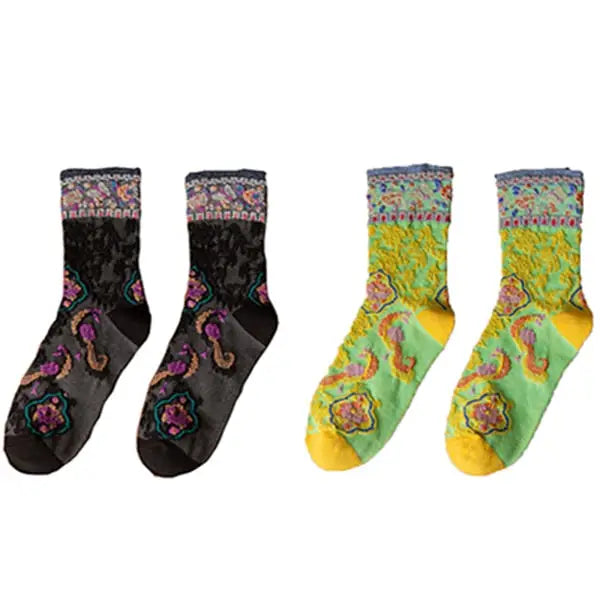 Cotton Embroidery Ethnic Flowers Socks 2 / Black Neon