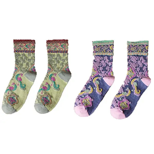 Cotton Embroidery Ethnic Flowers Socks 2 / Green Purple