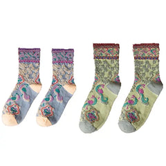 Cotton Embroidery Ethnic Flowers Socks 2 / Lilac Green