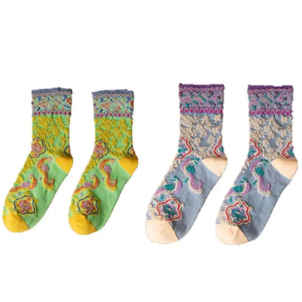 Cotton Embroidery Ethnic Flowers Socks 2 / Neon Lilac