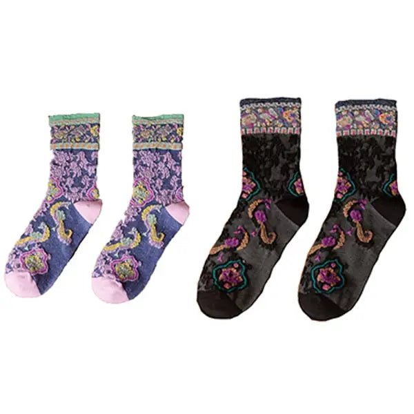 Cotton Embroidery Ethnic Flowers Socks 2 / Purple Black