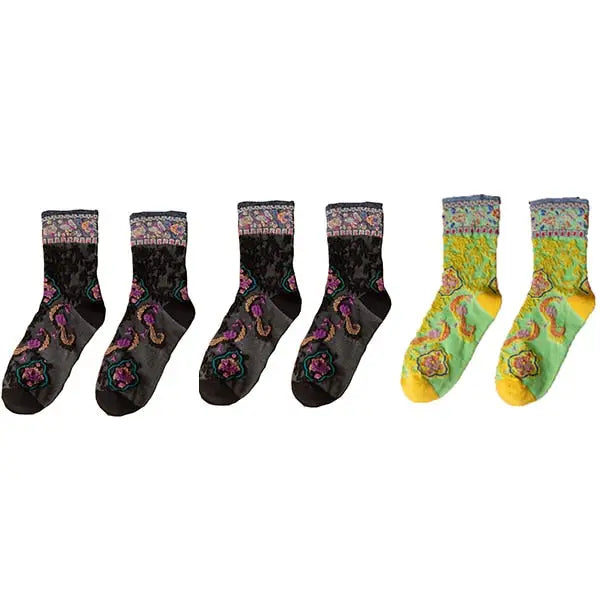Cotton Embroidery Ethnic Flowers Socks 3 / 2 Black 1 Neon