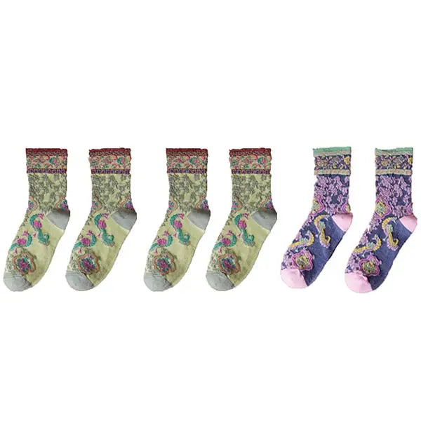 Cotton Embroidery Ethnic Flowers Socks 3 / 2 Green 1 Purple