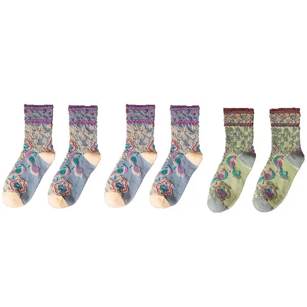 Cotton Embroidery Ethnic Flowers Socks 3 / 2 Lillac 1 Green