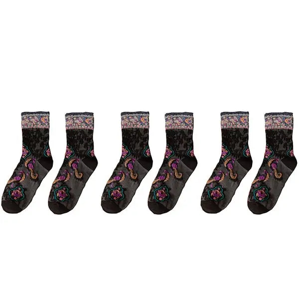 Cotton Embroidery Ethnic Flowers Socks 3 / All Black