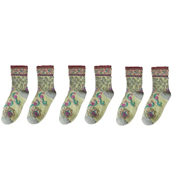 Cotton Embroidery Ethnic Flowers Socks 3 / All Green