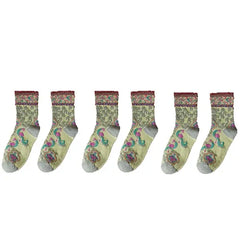 Cotton Embroidery Ethnic Flowers Socks 3 / All Green