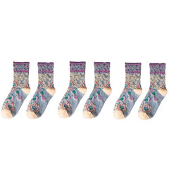 Cotton Embroidery Ethnic Flowers Socks 3 / All Lilac