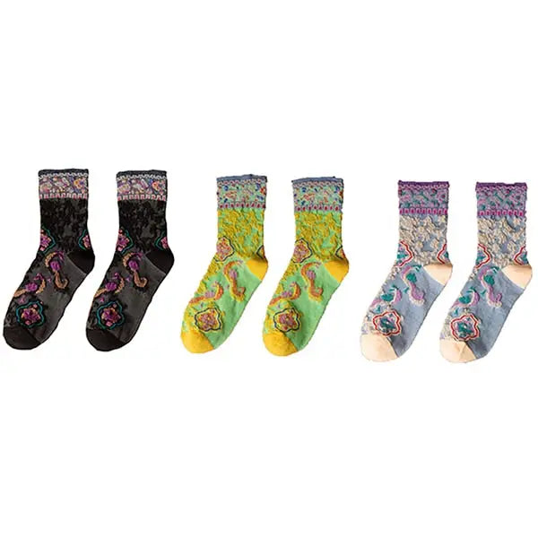 Cotton Embroidery Ethnic Flowers Socks 3 / Black Neon Lilac