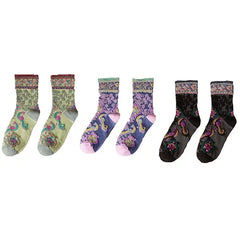 Cotton Embroidery Ethnic Flowers Socks 3 / Green Purple