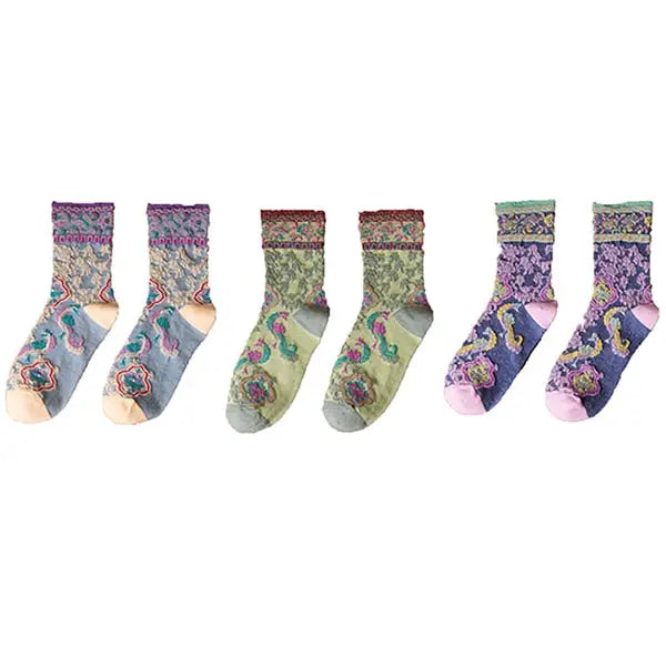Cotton Embroidery Ethnic Flowers Socks 3 / Lillac Green