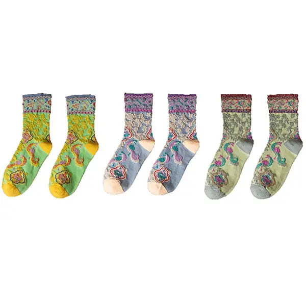 Cotton Embroidery Ethnic Flowers Socks 3 / Neon Lilac Green