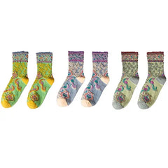 Cotton Embroidery Ethnic Flowers Socks 3 / Neon Lilac Green
