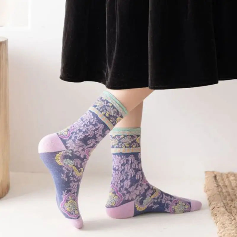 Cotton Embroidery Ethnic Flowers Socks