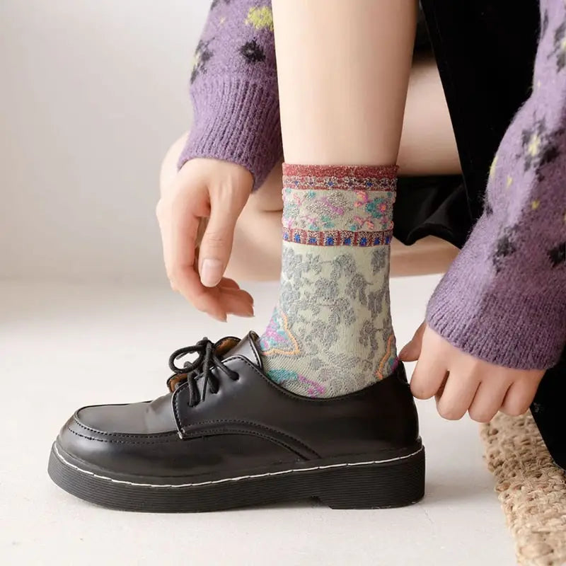 Cotton Embroidery Ethnic Flowers Socks