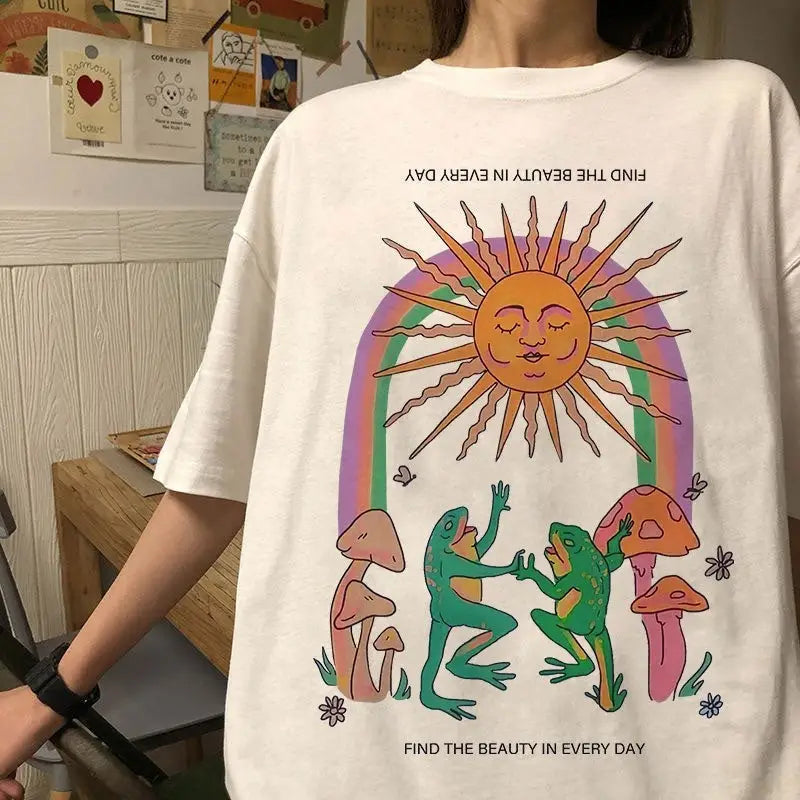 Cotton Graphic T Shirt with Frog Print 28 Inches Length