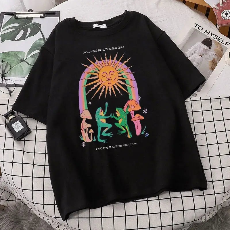 Cotton Graphic T Shirt with Frog Print 28 Inches Length