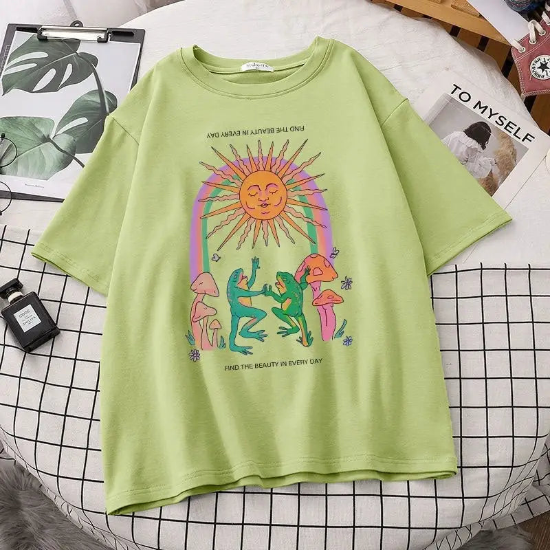 Cotton Graphic T Shirt with Frog Print 28 Inches Length