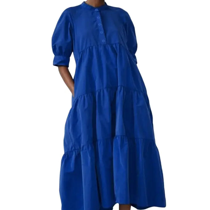 Cotton Half Sleeve Bohemian Casual Dress Mid Calf Blue / S