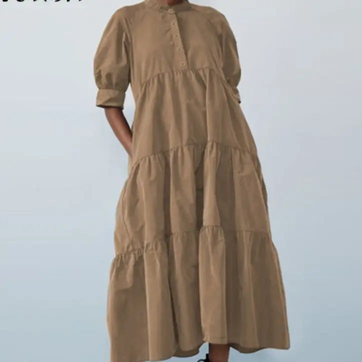 Cotton Half Sleeve Bohemian Casual Dress Mid Calf Khaki / S