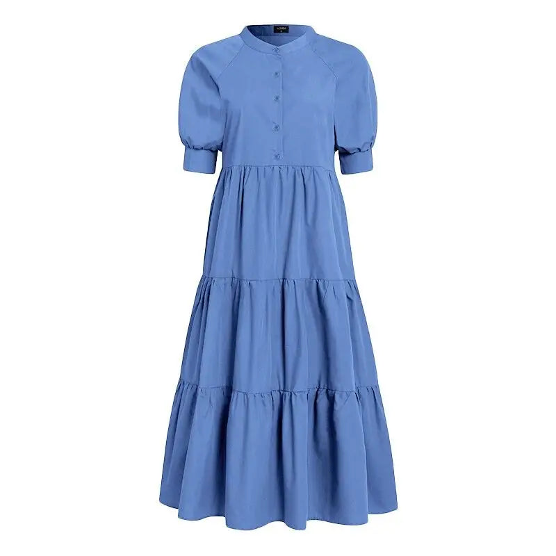 Cotton Half Sleeve Bohemian Casual Dress Mid Calf Light