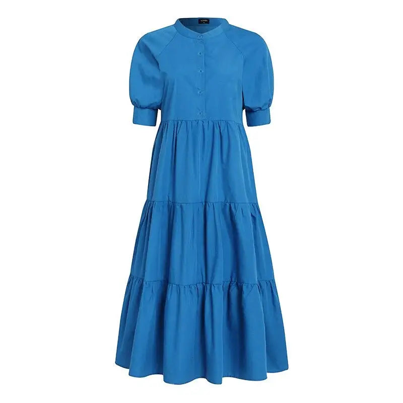 Cotton Half Sleeve Bohemian Casual Dress Mid Calf Sky Blue