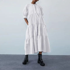 Cotton Half Sleeve Bohemian Casual Dress Mid Calf White / S
