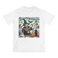 Cotton Halloween T-Shirt with Witch and Cat Design White