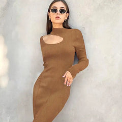 Cotton Hollow-Out Stretch Long-Sleeve Dress